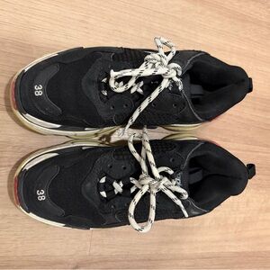 Balenciaga Black Triple S Sneakers with White Laces and Red Heel Accents